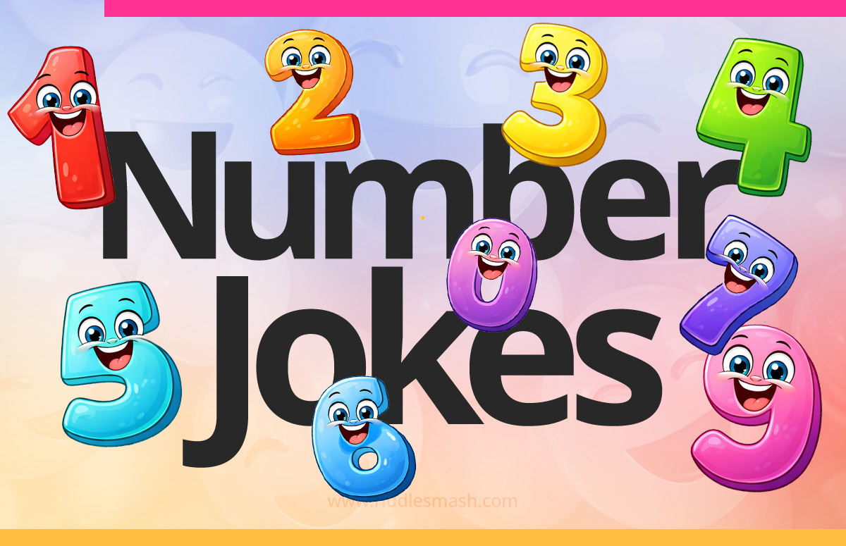 Funny number jokes with a math-themed illustration featuring numbers