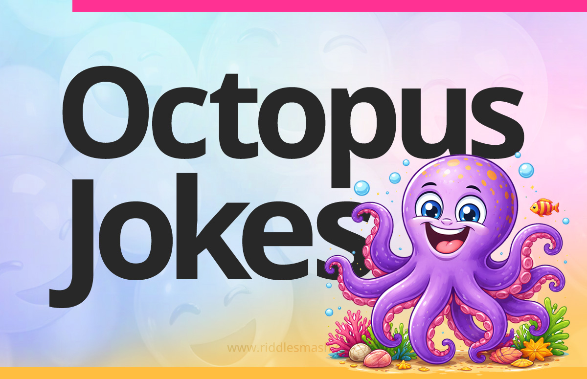 Funny octopus jokes with an ocean-themed illustration featuring a cartoon octopus