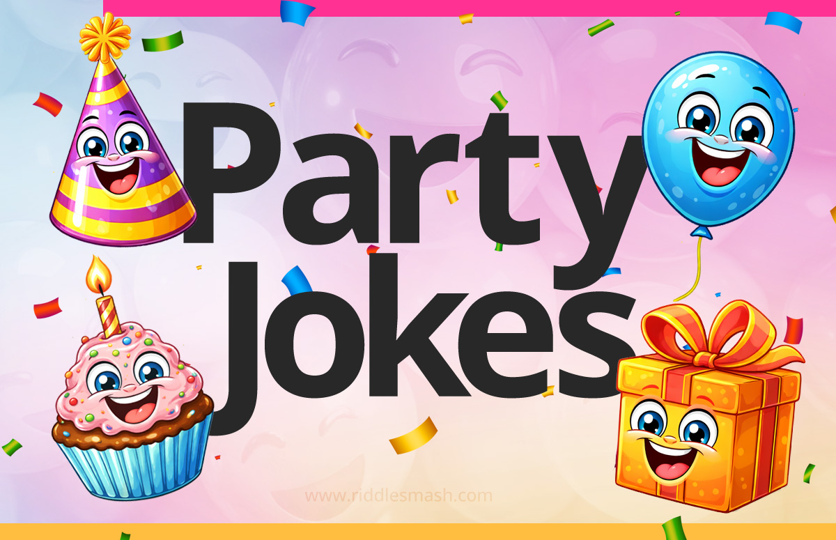 Funny party jokes with a celebration-themed illustration featuring balloon, confetti, and cupcake