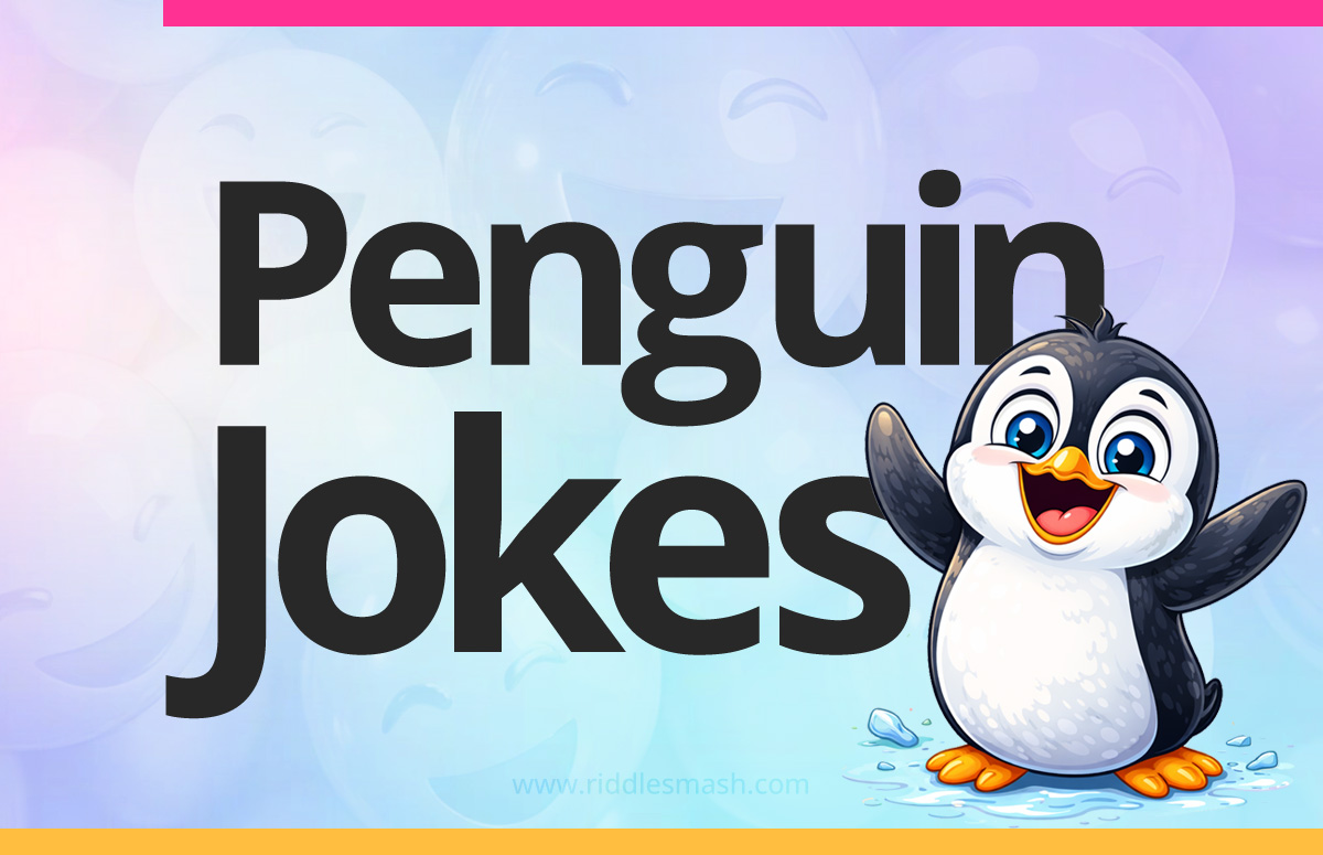 Funny penguin jokes with a winter-themed illustration featuring a cartoon penguin on ice