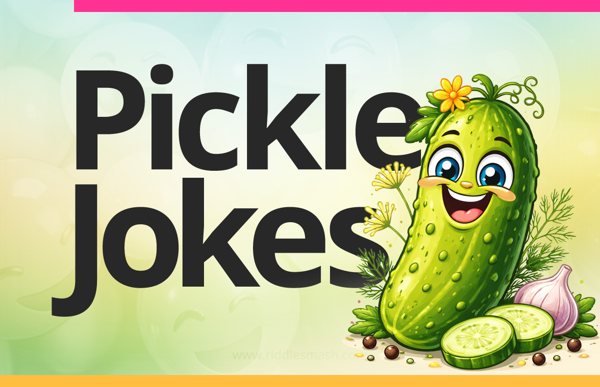 Funny pickle jokes with a food-themed illustration featuring a cartoon pickle