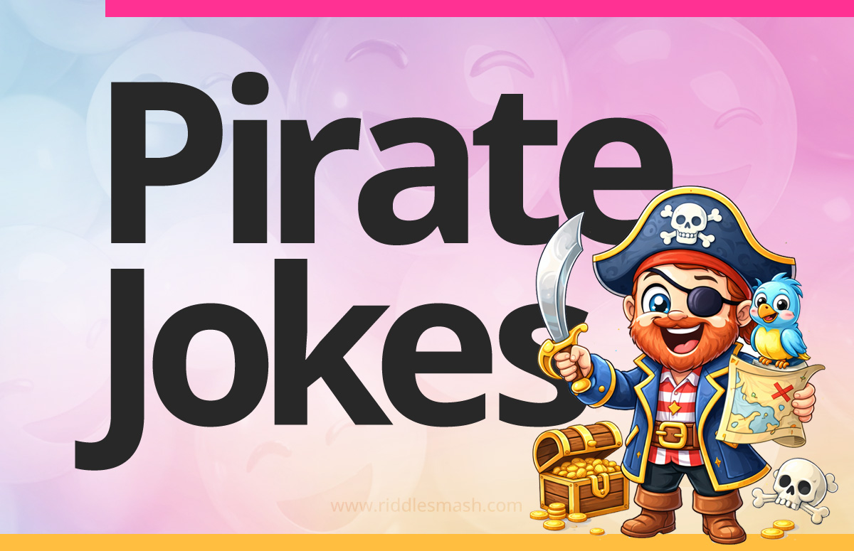 Funny pirate jokes with a sea-themed illustration featuring a pirate