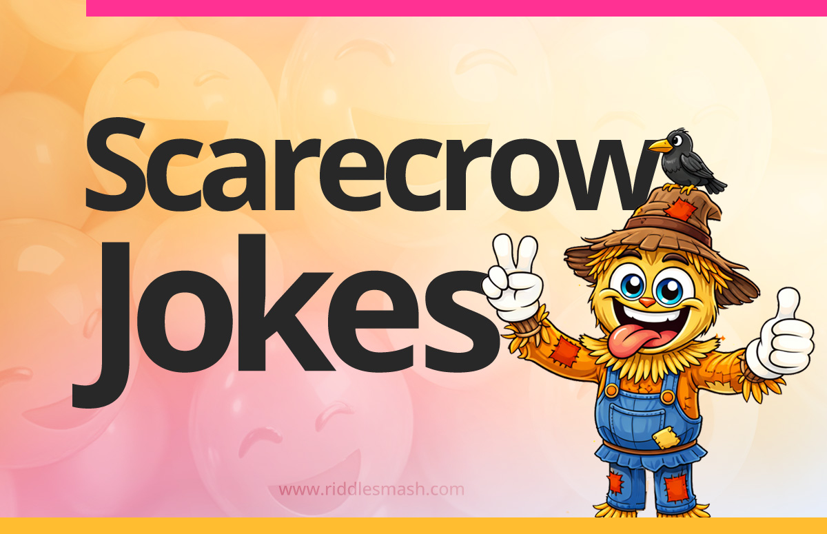 Funny scarecrow jokes with a fall-themed illustration featuring a scarecrow