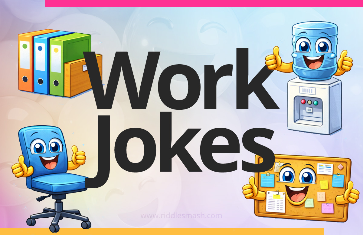 Funny work jokes with an office-themed illustration