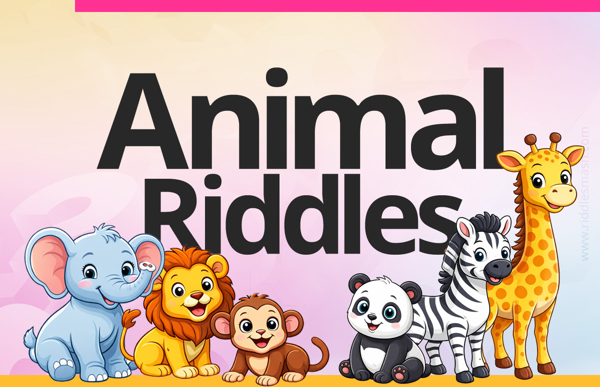 Animal riddles banner featuring a mix of cartoon animals