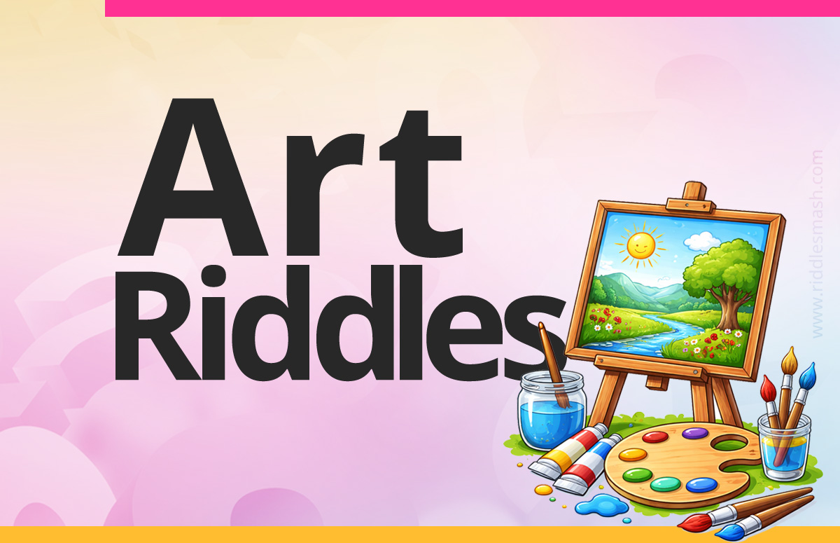 Art riddles banner featuring a paintbrush, palette and canvas