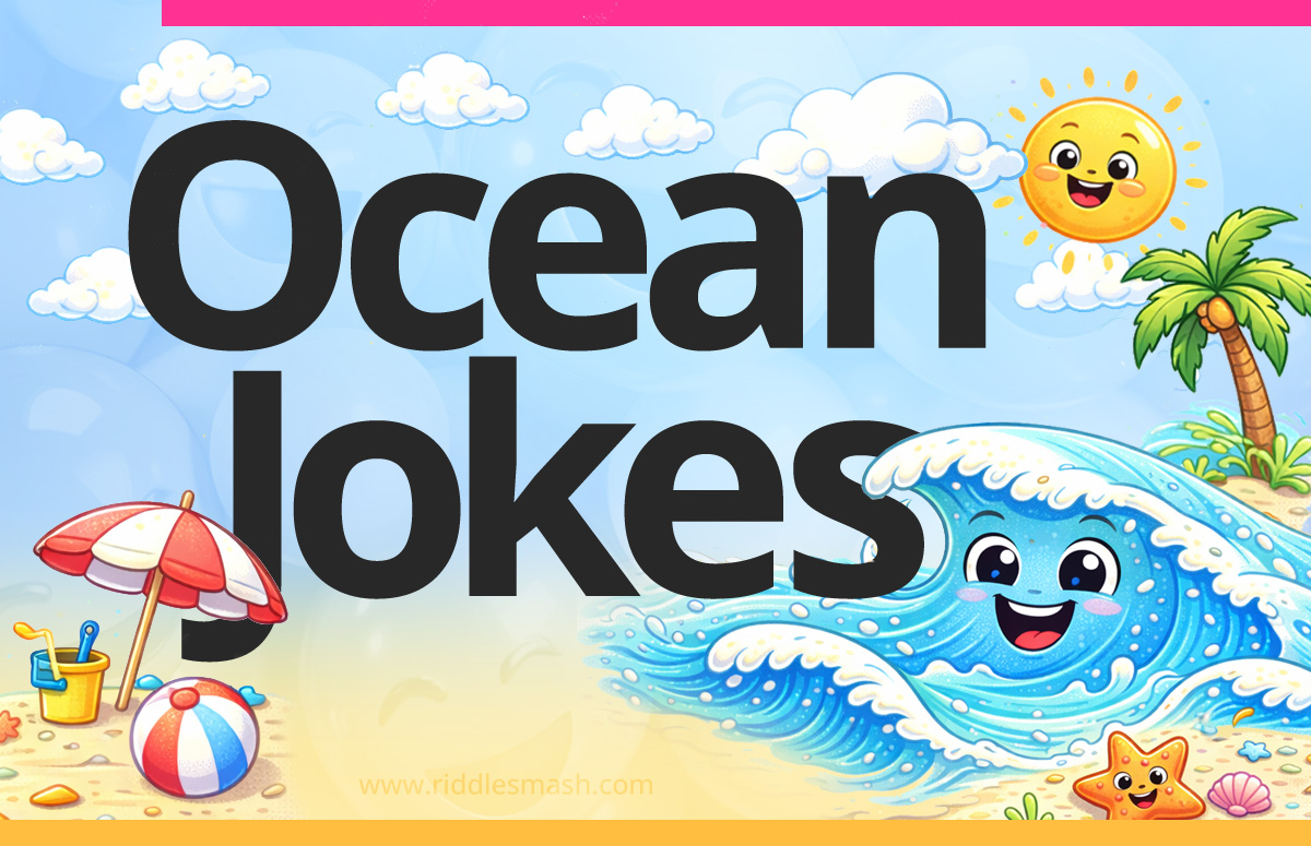 Funny ocean jokes with a sea-themed illustration featuring waves, palm trees, and ocean