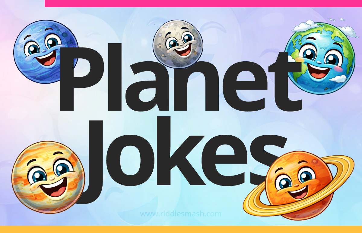 Funny planet jokes with a space-themed illustration featuring planets orbiting