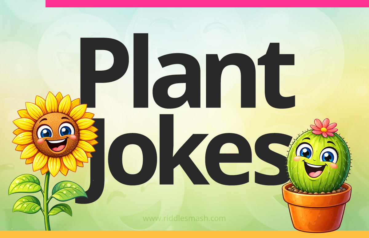 Funny plant jokes with a garden-themed illustration featuring cactus and sunflower