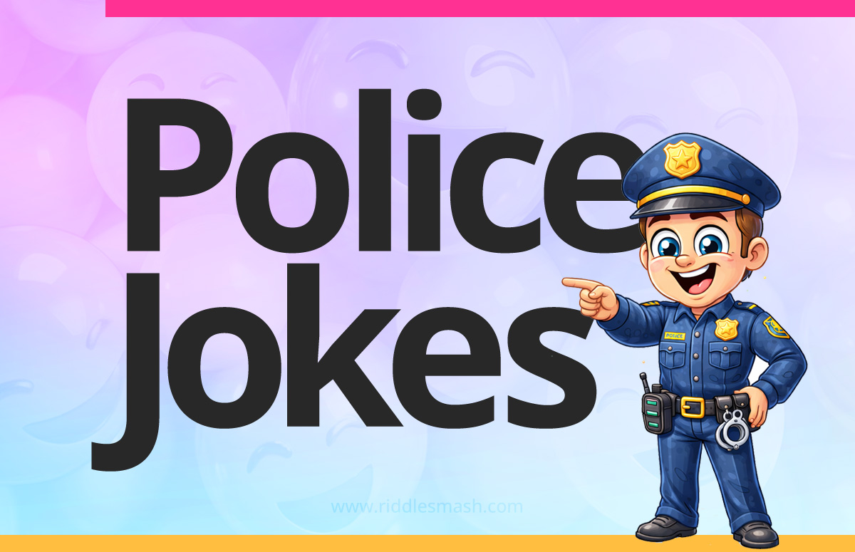 Funny police jokes with a playful illustration featuring a policeman