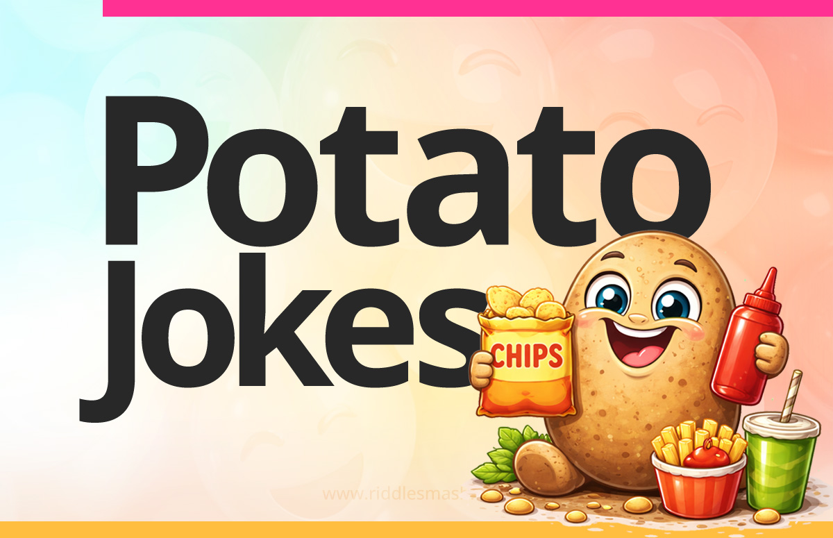 Funny potato jokes with a food-themed illustration featuring a cartoon potato, chips and fries