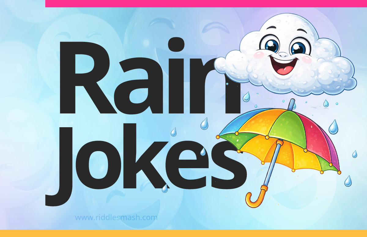 Funny rain jokes with a weather-themed illustration featuring an umbrella, raindrops, and cloud