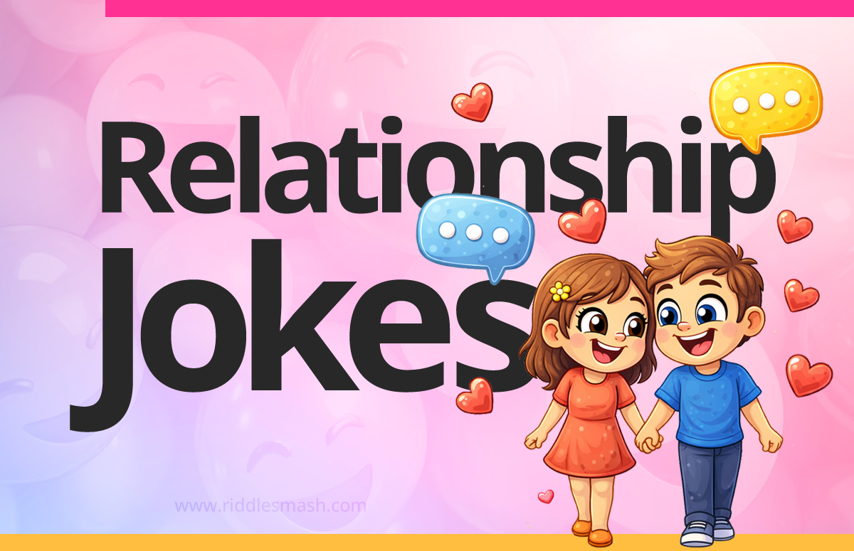 Funny relationship jokes with a playful illustration featuring a couple, chat bubbles, and heart icons