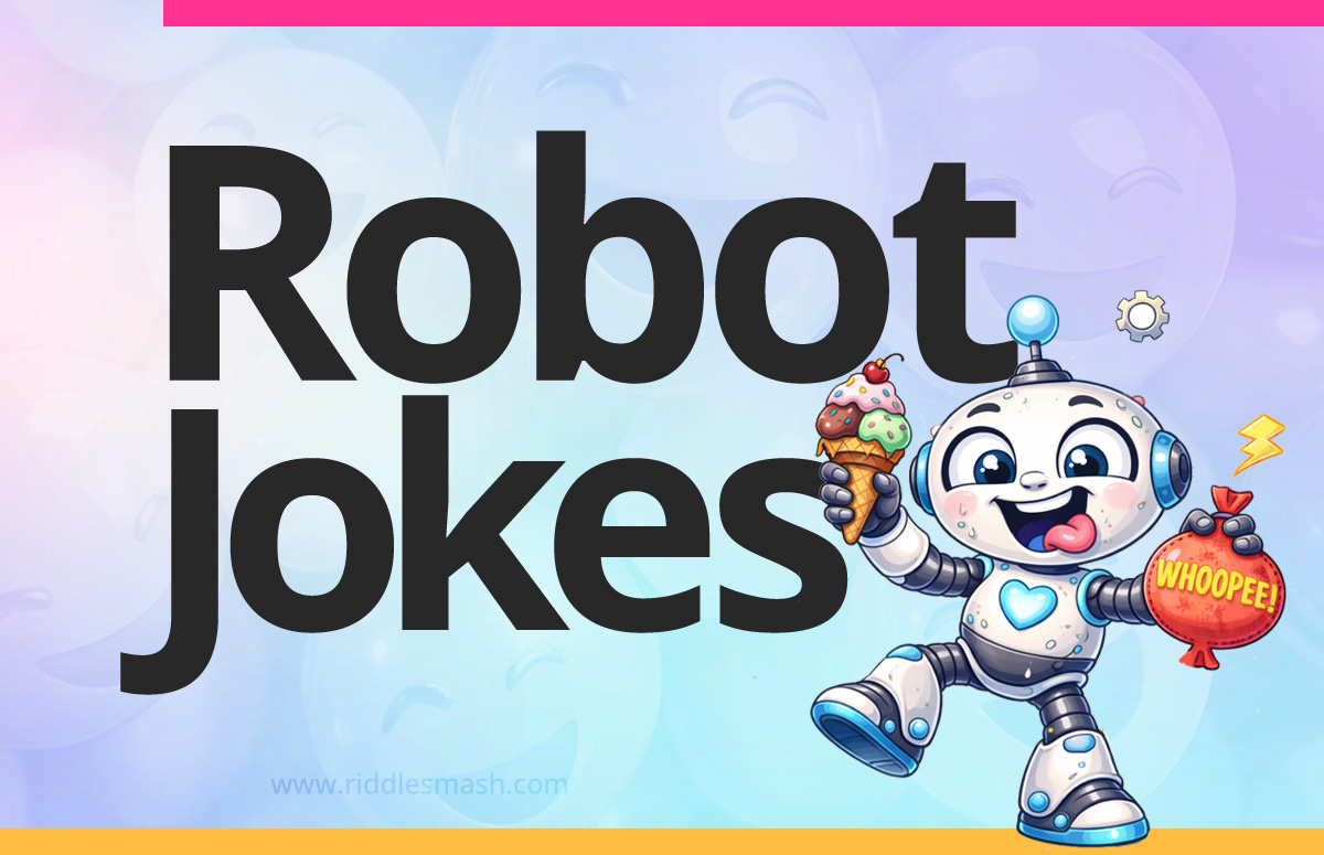 Funny robot jokes with a tech-themed illustration featuring a cute cartoon robot