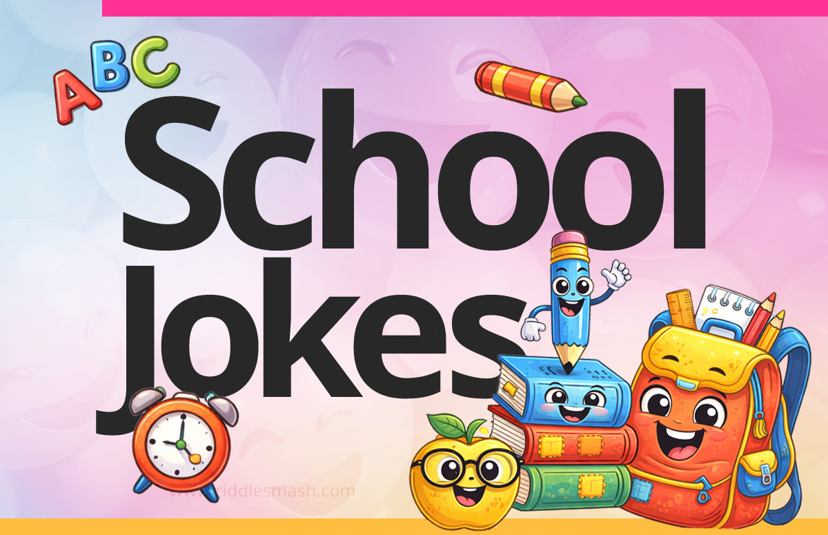 Funny school jokes with a classroom-themed illustration