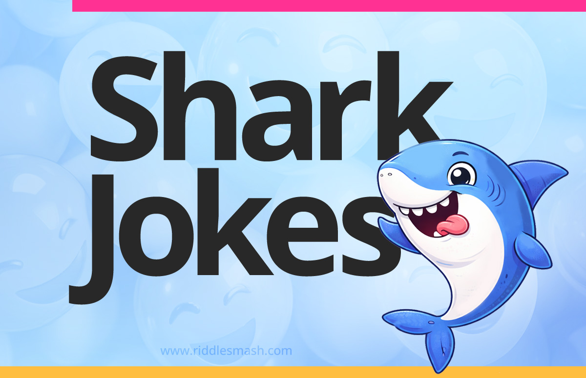 Funny shark jokes with an ocean-themed illustration featuring a cartoon shark