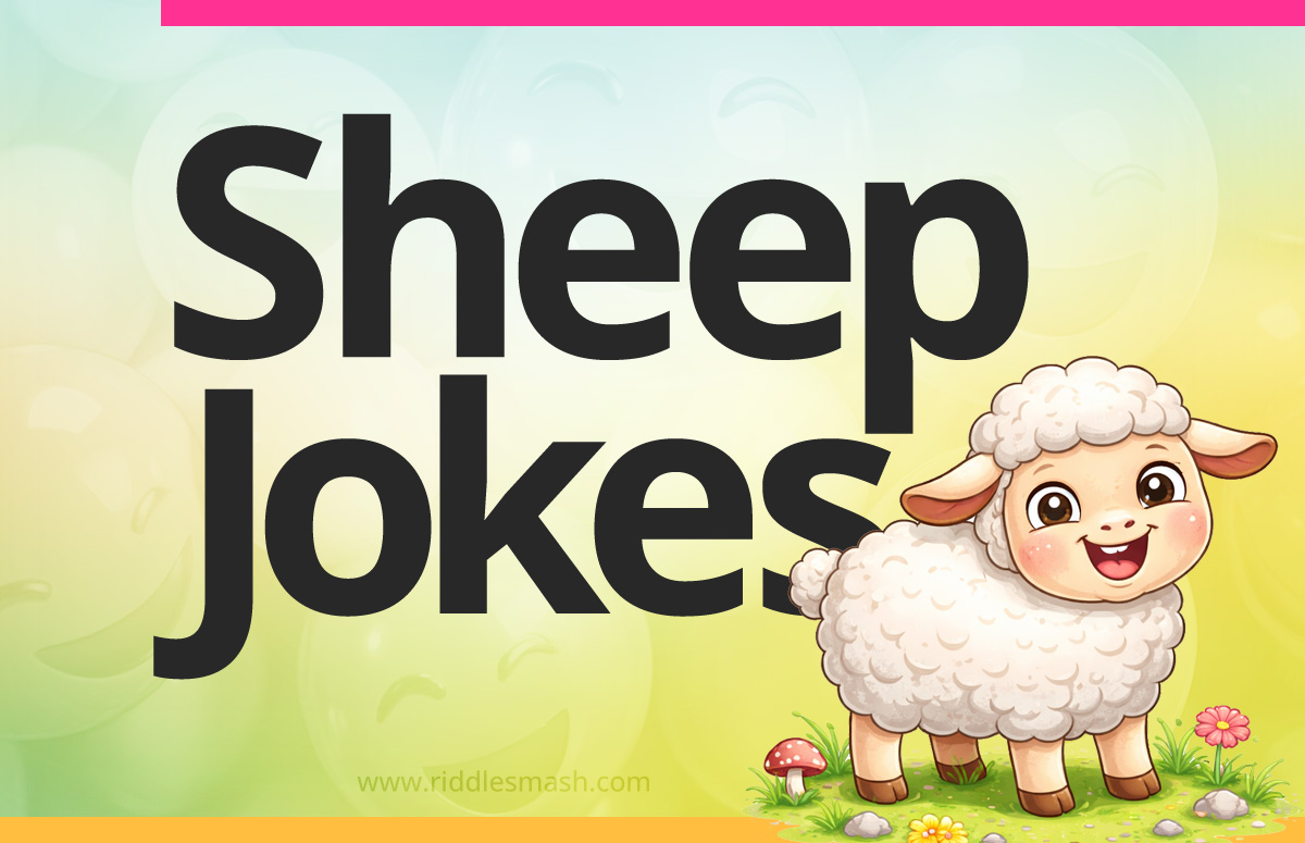 Funny sheep jokes with a farm-themed illustration featuring a cartoon sheep