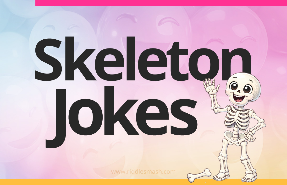 Funny skeleton jokes with a Halloween-themed illustration featuring a cartoon skeleton