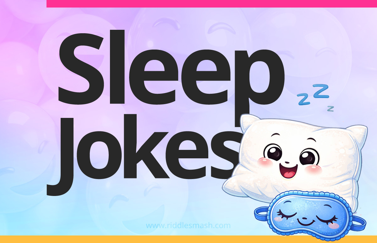Funny sleep jokes with a cozy illustration featuring a pillow and a sleep mask