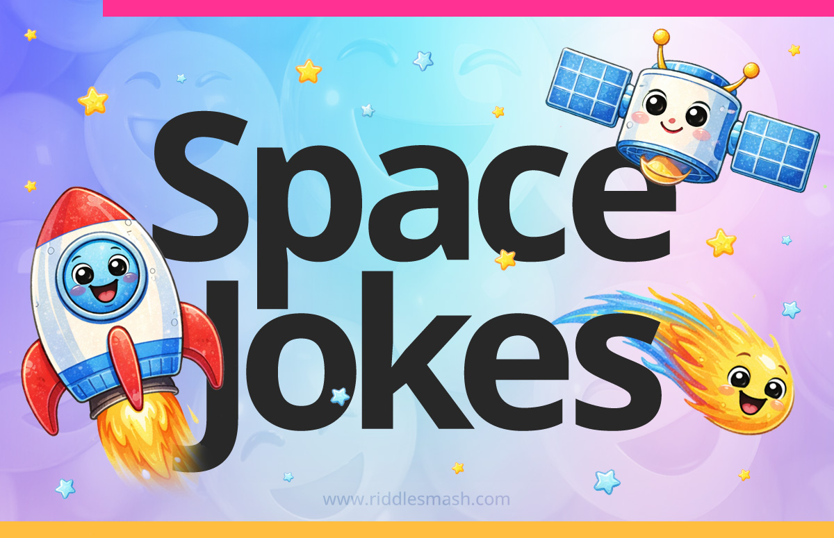Funny space jokes with a cosmic illustration featuring rocket, satellite, and comet