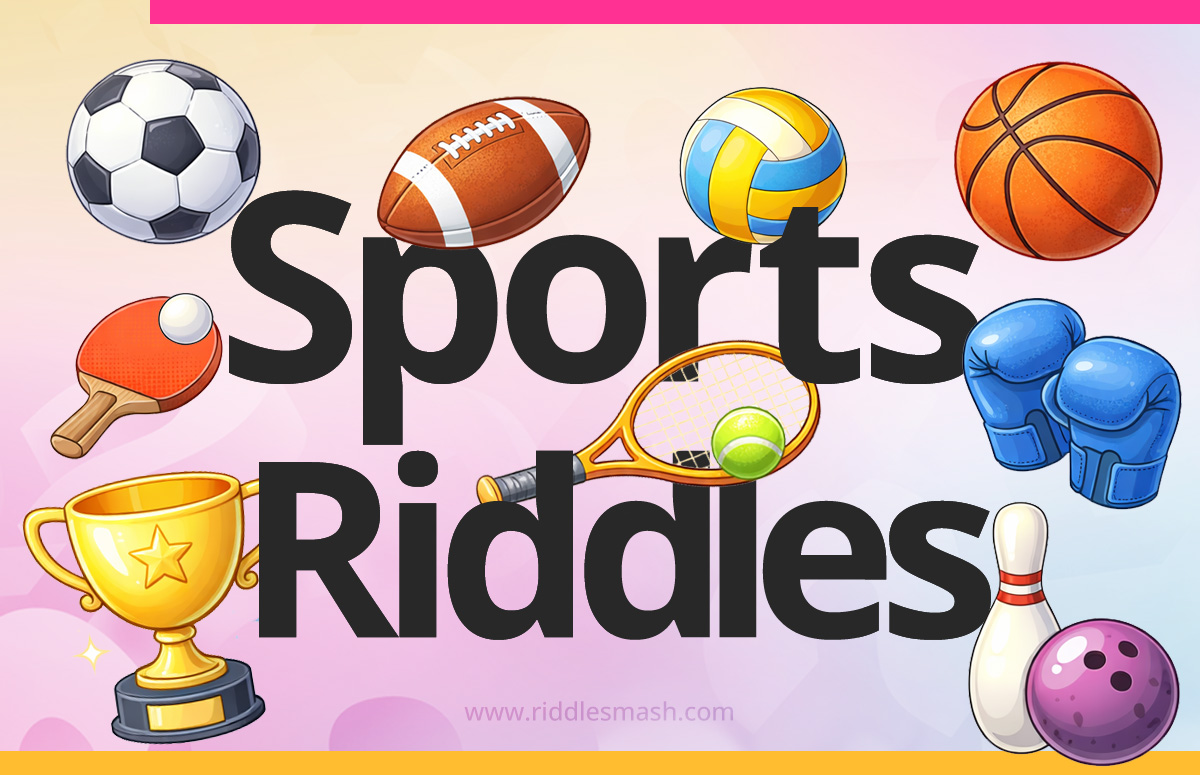 Sports equipment collage representing sports riddles and game-themed brain teasers