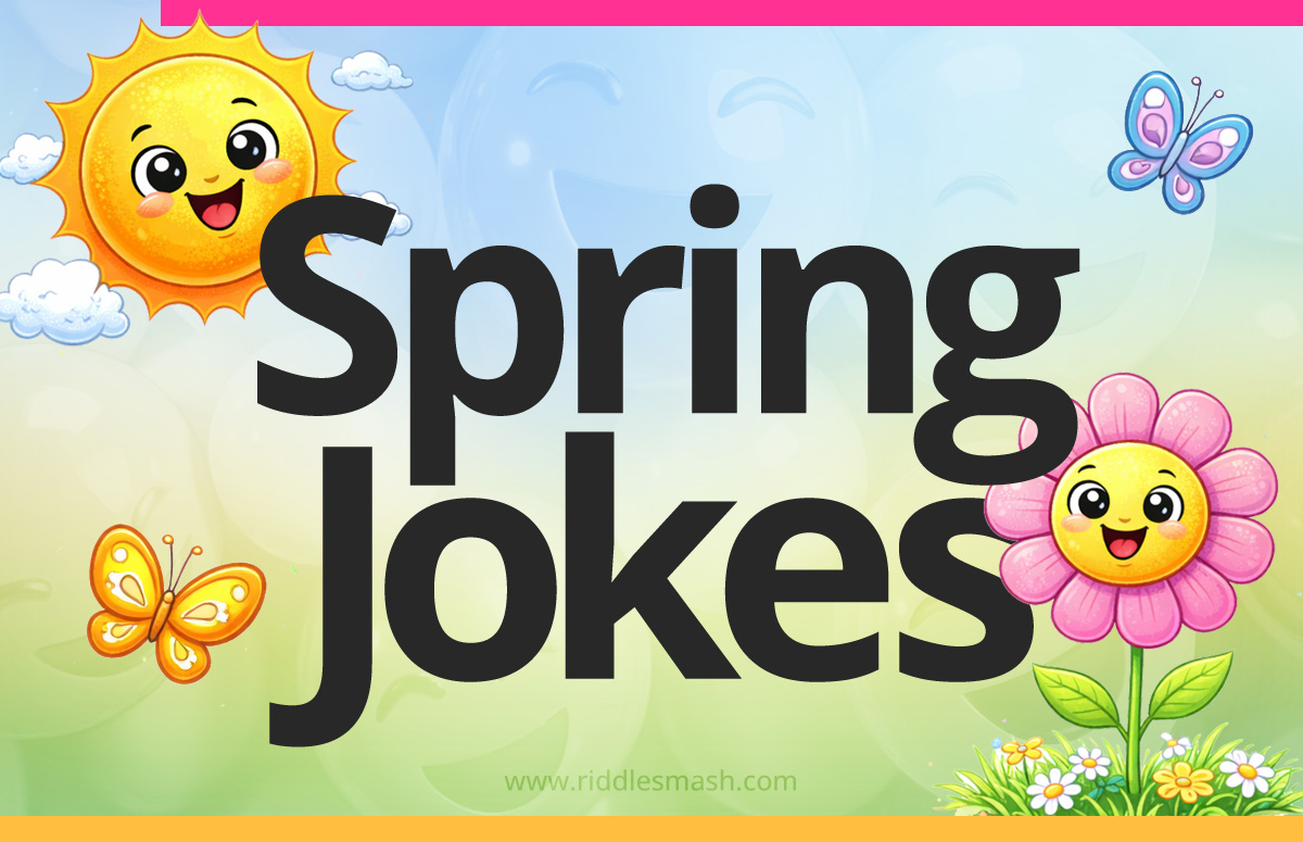 Funny spring jokes with a seasonal illustration featuring flower, sunshine, and butterflies