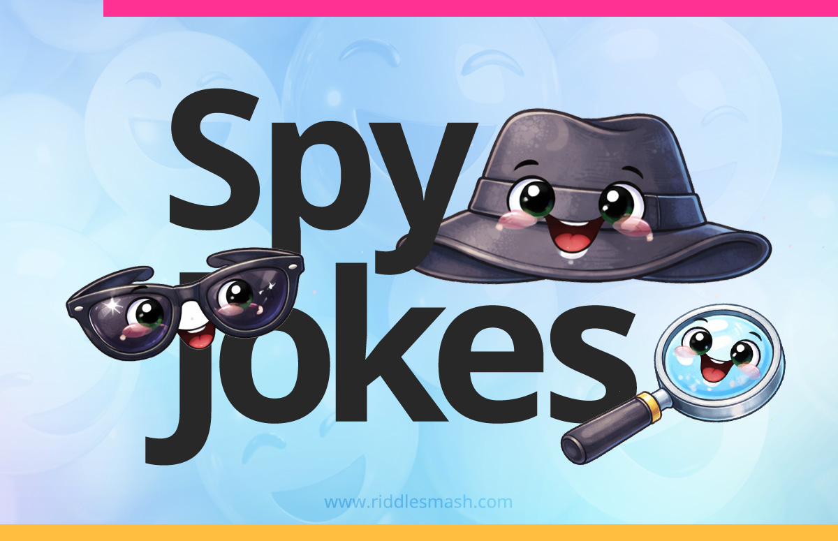 Funny spy jokes with a secret-agent themed illustration featuring a spy hat, sunglasses, and a magnifying glass 