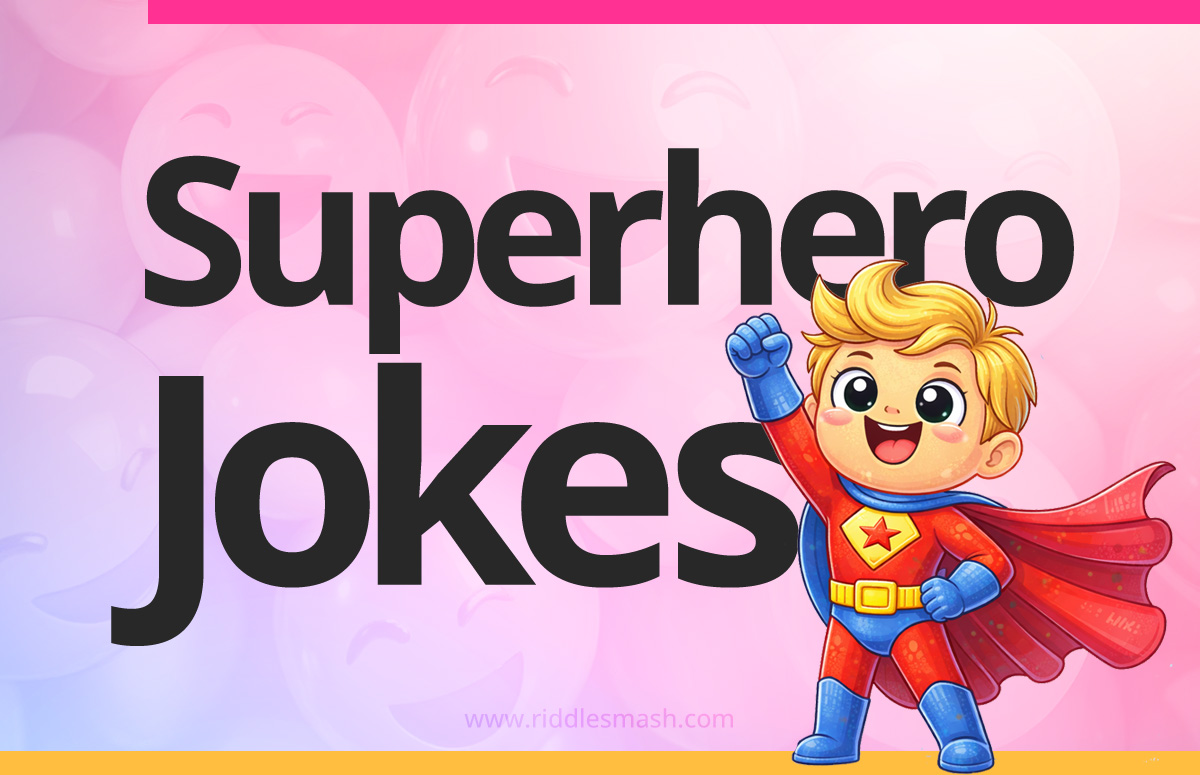Funny superhero jokes with a comic-themed illustration featuring a cartoon superhero