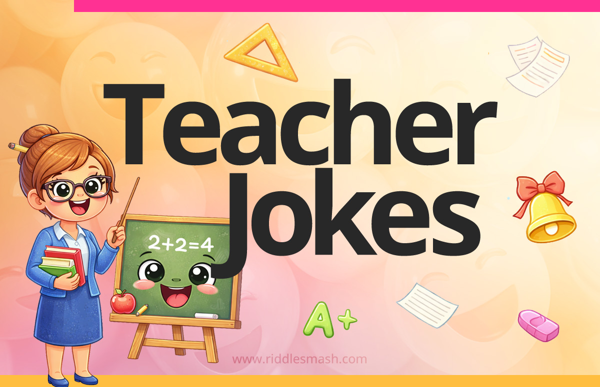 Funny teacher jokes with a classroom-themed illustration featuring a chalkboard and teacher 