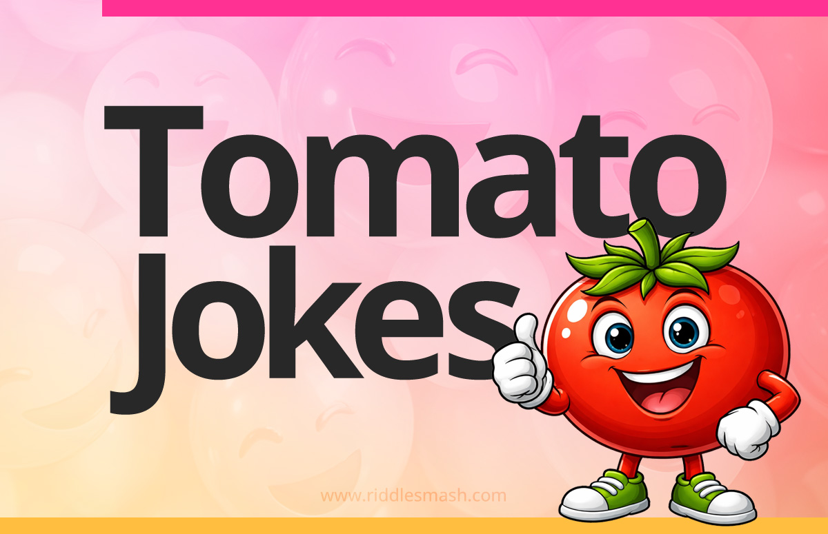 Funny tomato jokes with a food-themed illustration featuring a cartoon tomato
