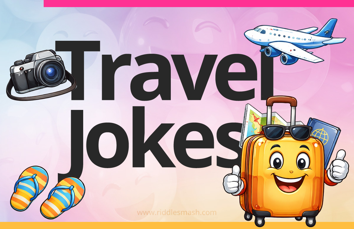 Funny travel jokes with a travel-themed illustration featuring a suitcase, airplane, paasport and map