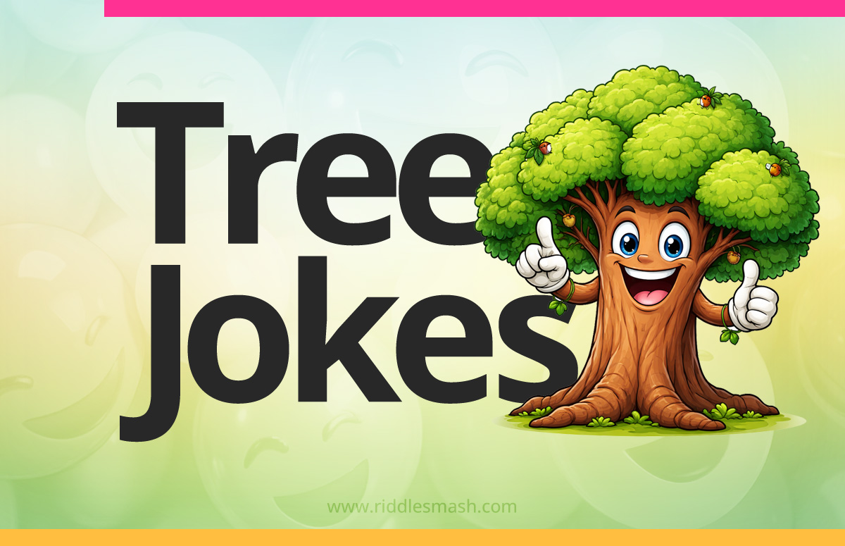 Funny tree jokes with a forest-themed illustration featuring a tree