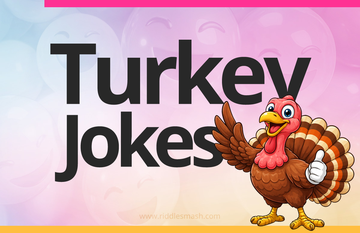 Funny turkey jokes with a holiday-themed illustration featuring a cartoon turkey