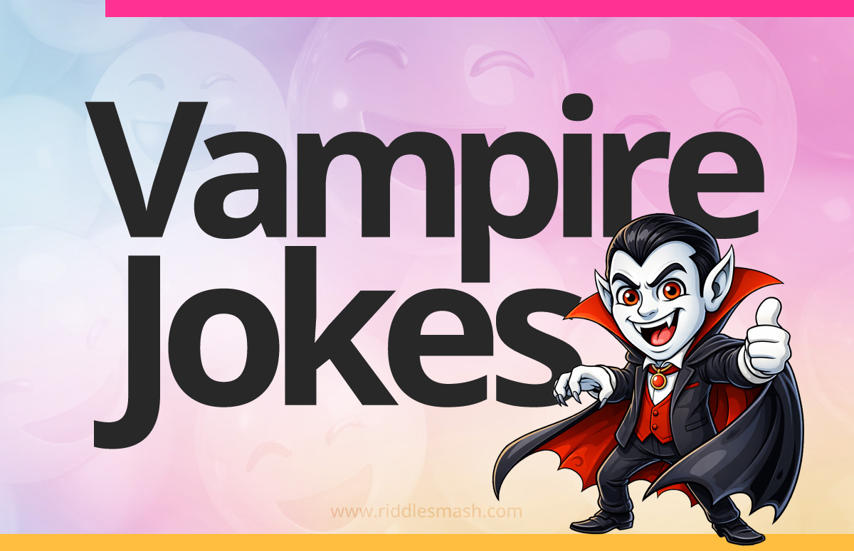 Funny vampire jokes with a Halloween-themed illustration featuring a cute vampire