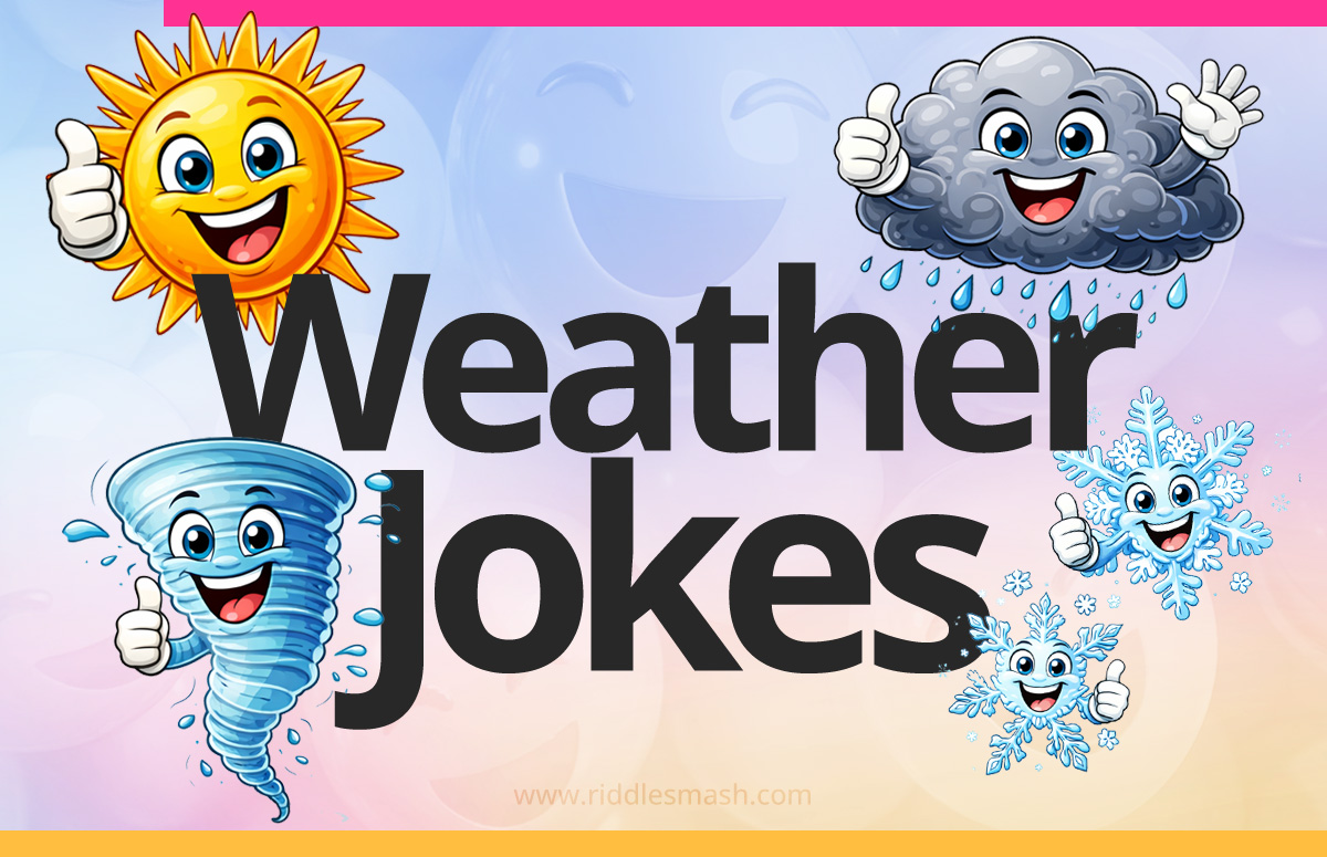 Funny weather jokes with a forecast-themed illustration featuring clouds, sun, raindrops and snowflakes