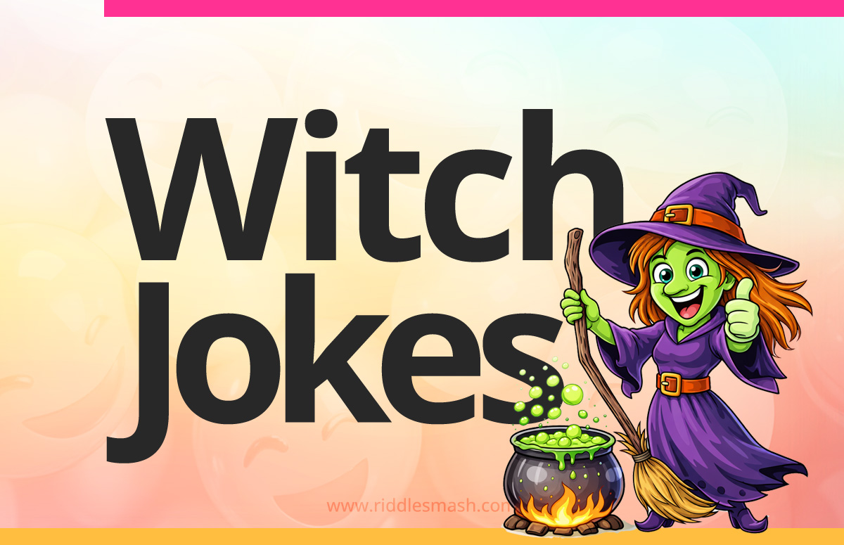 Funny witch jokes with a Halloween-themed illustration featuring a witch