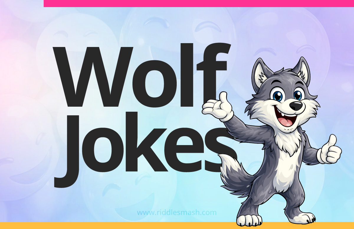 Funny wolf jokes with a forest-themed illustration featuring a cartoon wolf