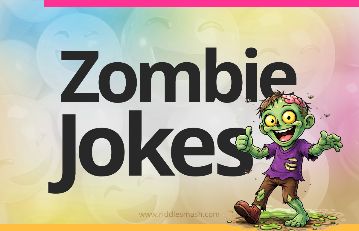 Funny zombie jokes with a Halloween-themed illustration featuring a cute cartoon zombie
