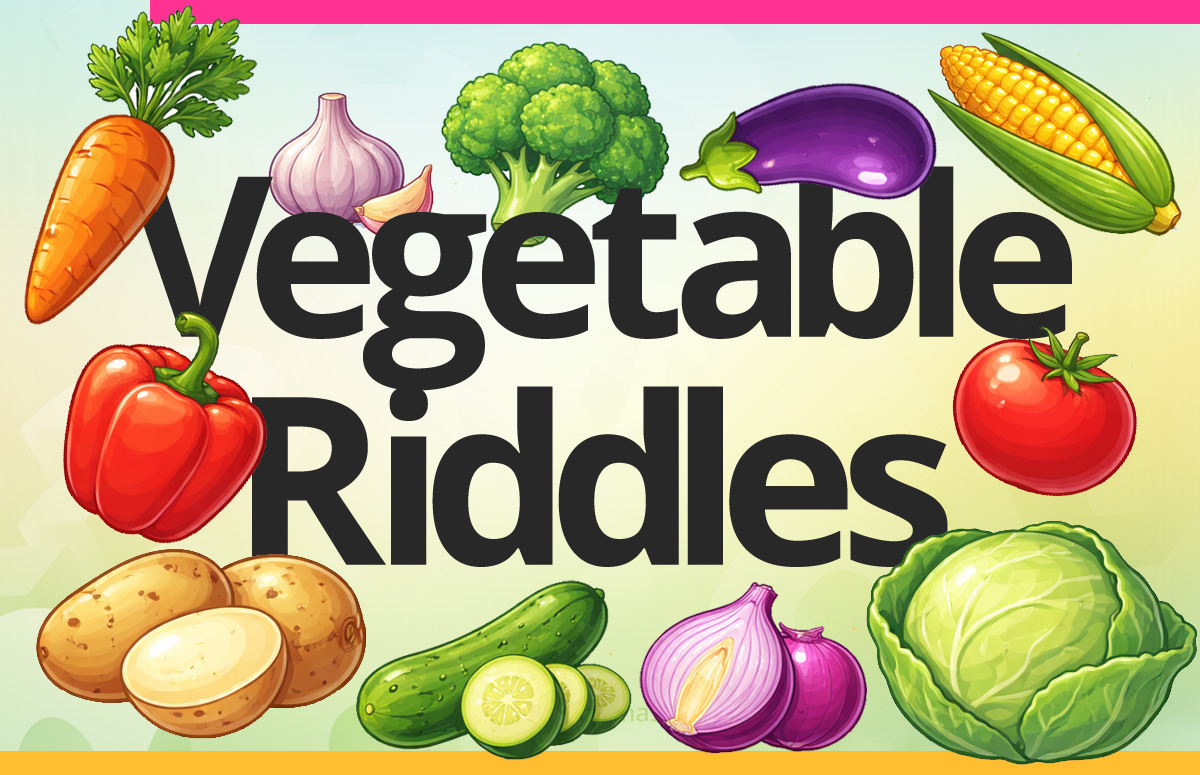 Assorted vegetables representing vegetable riddles and food-themed brain teasers